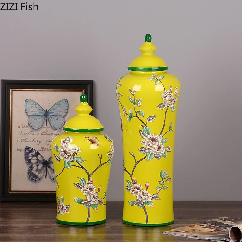 Pastoral Ceramic Vase Storage Jar with Lid Golden Flower Pattern Table Top Bottle Decoration Porcelain Candy Tank | Дом и сад
