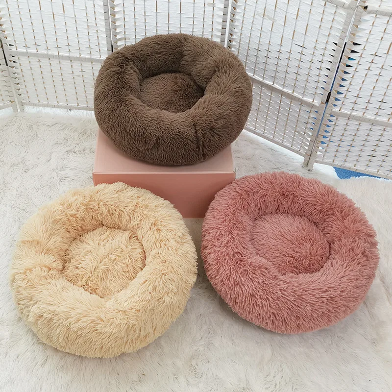 Круглая плюшевая кроватка для кота дом мягкий длинный плюшевый Кот кровать круглая собака кровать для маленьких собак Лежанка для котов зимняя теплая Лежанка