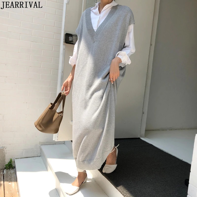 

2019 Autumn Winter Fashion Knitted Vest Dress Women Sleeveless V-Neck Solid Color Oversized Casual Long Sweater Dress Vestidos