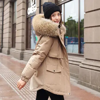 Abrigo con capucha y forro de algodón a la moda, chaqueta de invierno con cuello de piel y cintura ajustable para mujer.