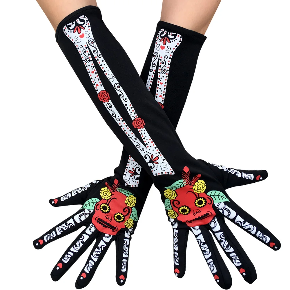 Cool Novelty Skeleton Women Elbow Length Glove 2020 Fashion Gothic Cartton Face Print Props Halloween Gloves Street New Mittens