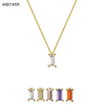 

ANDYWEN 925 Sterling Silver Small Pendant Simple Necklace Crystal Colorful Rainbow Long Chain Necklace Jewelry Best Gift