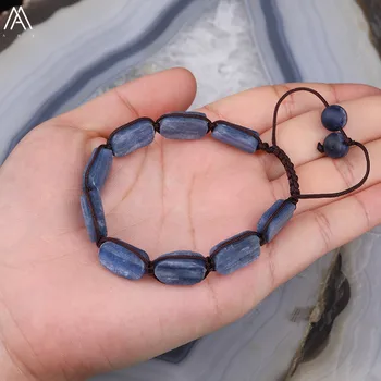 

8mm Round Sodalite Stone Beads Cut Rectangle Aquamarines Slab Beads Cord Knotted Adjustable Bracelet Women Jewelry N0240AMBA
