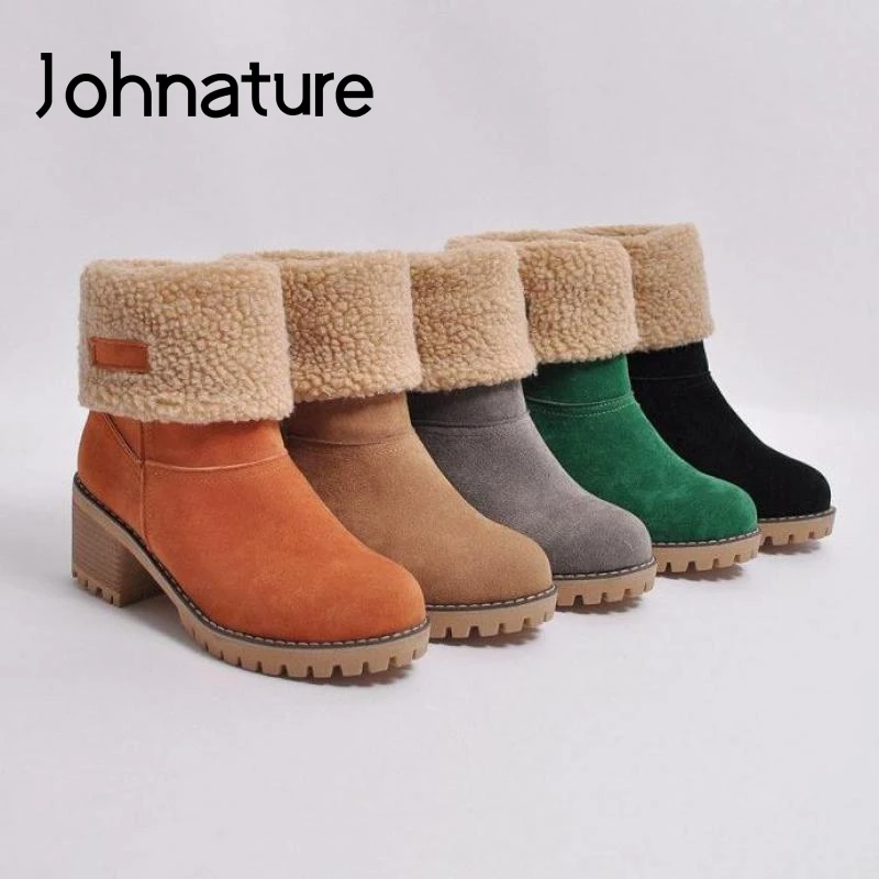 

Johnature Winter Women Shoes Snow Boots Warm 2020 New Round Toe Plush Slip-on Square Heel Sewing Leisure Platform Boots