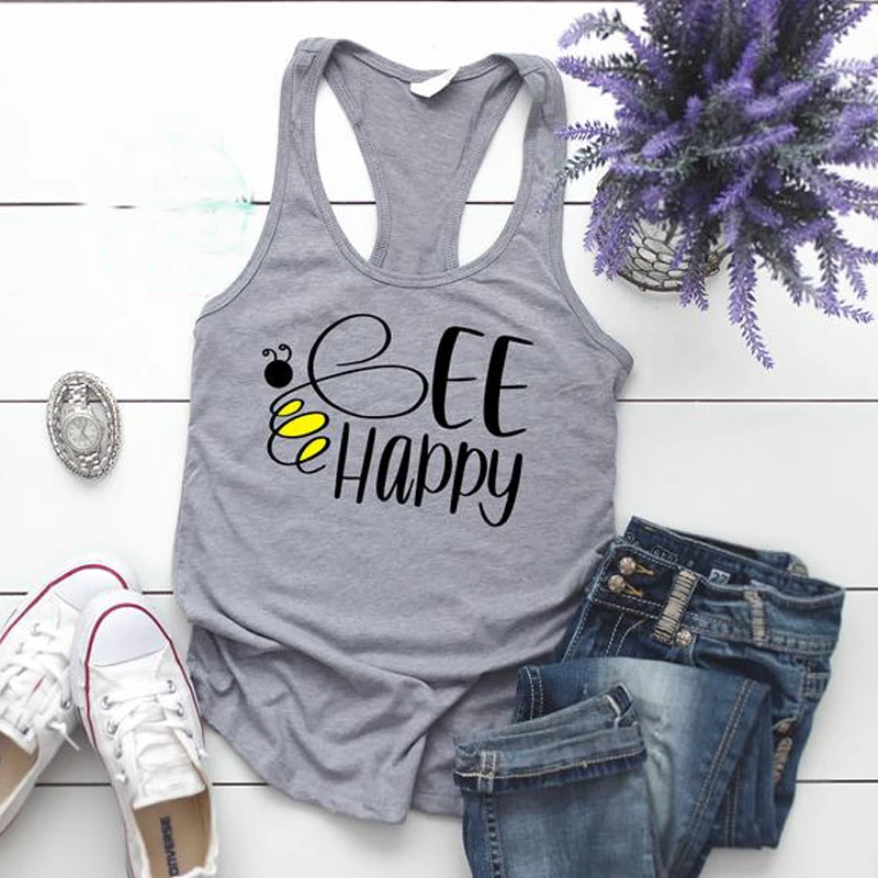 Bee Happy безрукавки для женщин Save The Bees рубашки без рукавов с круглым вырезом и буквенным принтом хлопковый жилет белый серый RACER BACK Прямая поставка