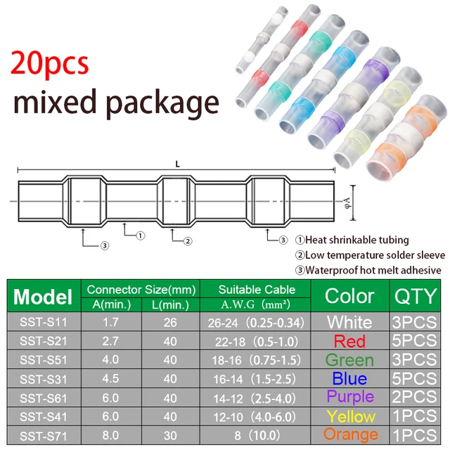 10/50PCS Thermal Shrinkage  Electrical Car Wires Connector Solder  Extrusion Terminals Block Cable Termination Wireway Clamping 20PCS Mix Color-s