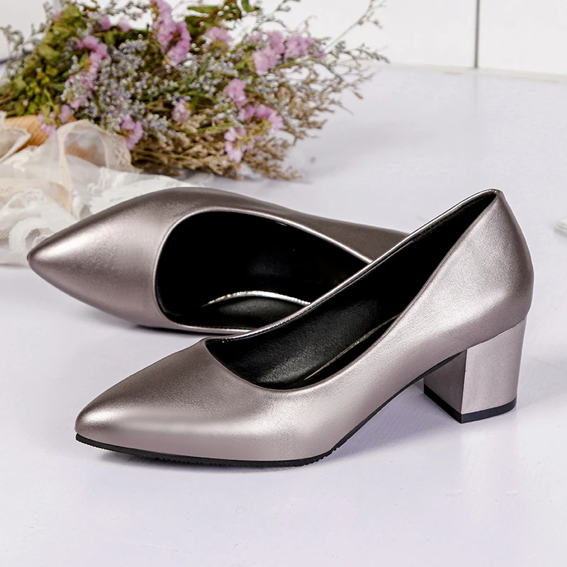 

patent leather women pointed toe thick square heels pumps 2019 new spring casual slip on office lady working shoes woman
