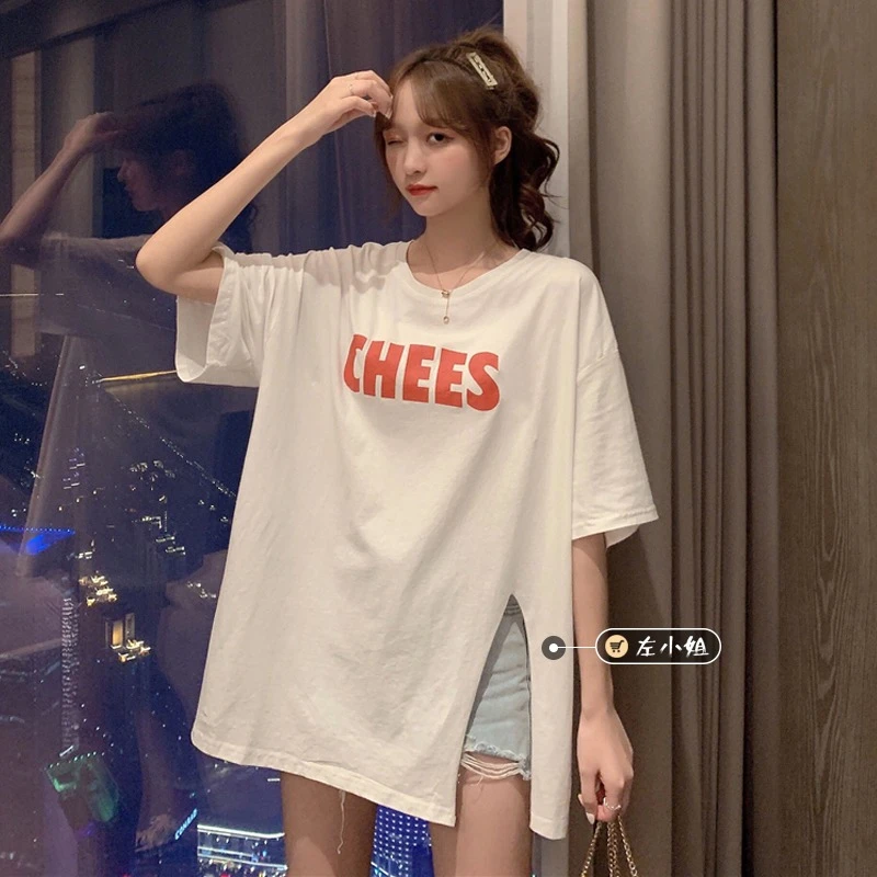 Summer 21 New Simple Letter Loose Mid Length Scheming Split Half Sleeve White Short Sleeve T Shirt Top Women T Shirts Aliexpress