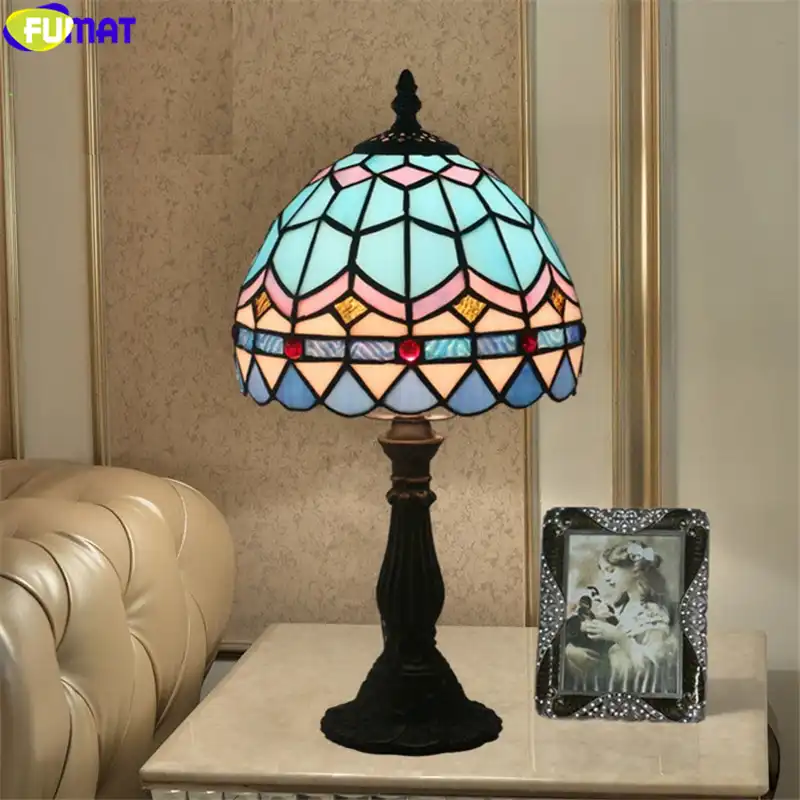 Fumat Tiffany Style Table Lamps Blue Mediterranean Stained Glass