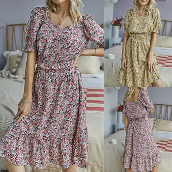 

Summer Lotus Leaf Sleeve Waist Temperament Lady Top Lotus Leaf Hem Floral Suit