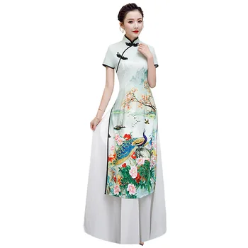 

White Plus Size 4XL 5XL Chinese Traditional Women Aodai Print Flower Qipao Vintage Cheongsam Novelty Chinese Formal Dress