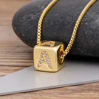 2020 Hot Sale A-Z Initials Micro Pave Copper CZ Cube Letter Pendant Necklaces For Women Men Charm Chain Family Name Jewelry Gift 5