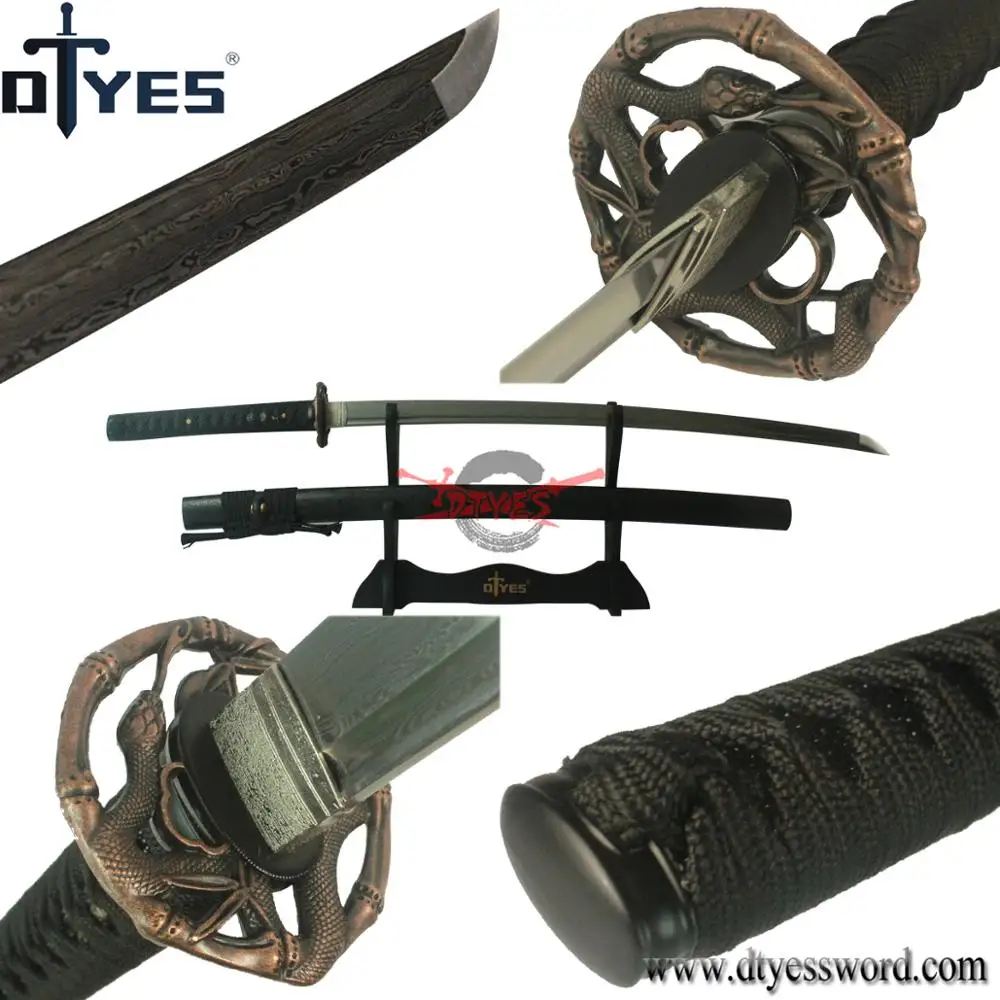

DTYES Full Handmade Damascus Folded Steel Bo-Hi Blade Japanese Samurai Katana Sword Razor Sharp Functional Battle Ready