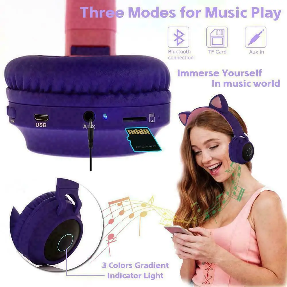 WirelessBluetooth 5 0 Young People Kids Headset LED Cat Ear Noise Cancelling Headphones Support TF Card 3 5mm Plug With Mic