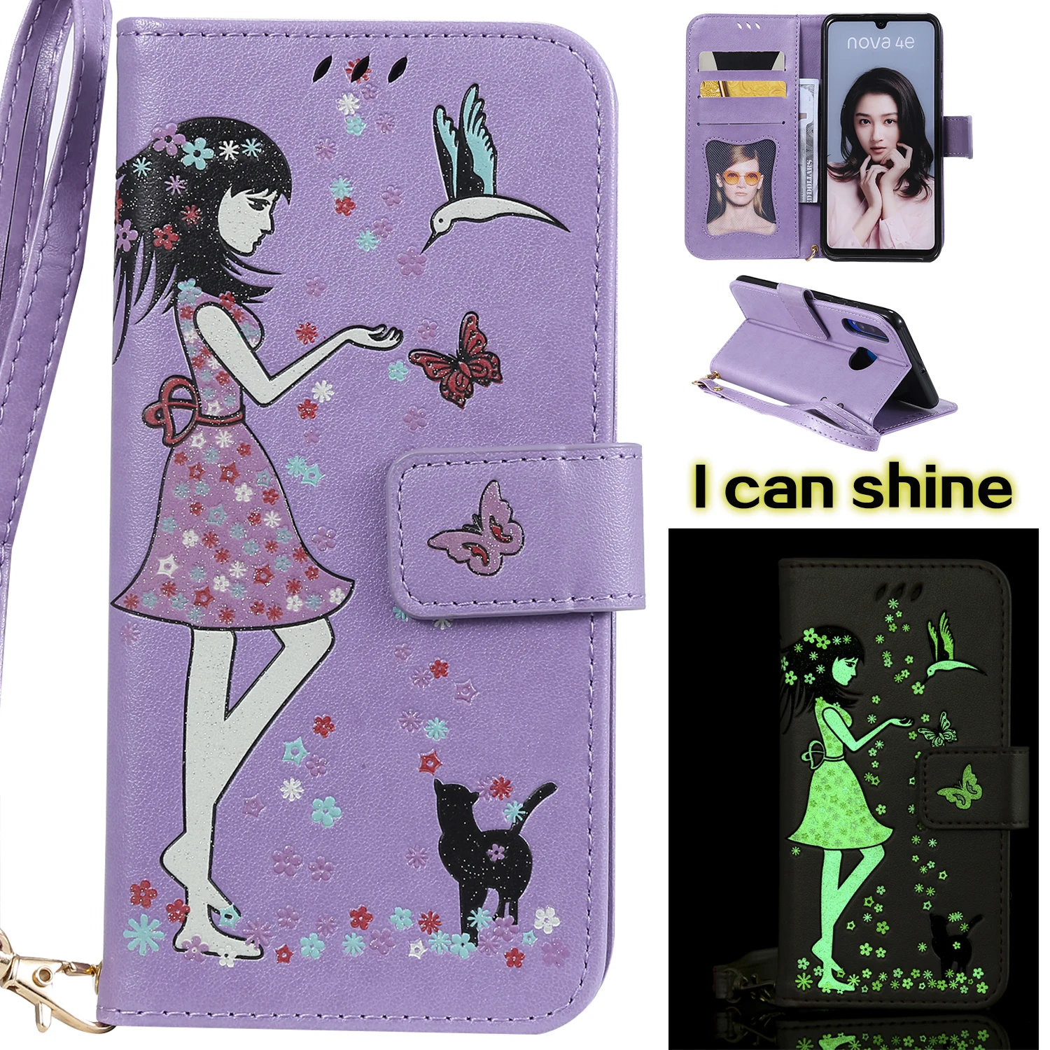 

for Huawei P30 Lite P10 P9 P8 Lite P10 plus Y6 Y5 Y3 II honor 6X 5A Mate 9 Night Light Girl Wallet Cell case
