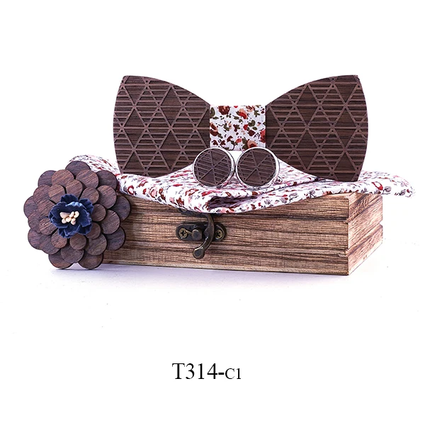 Деревянная дизайнерская деревянная брошь для галстука-бабочки ручной работы, деревянная коробка, набор для свадебной вечеринки, банкета, носовые платки запонки, цветы с отворотом - Цвет: T314-C1