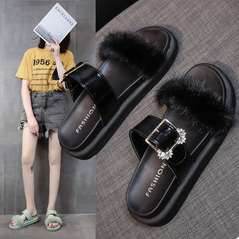 

Summer 2020 new flat bottom all-match one-step sandals and slippers fairy wind plush slippers female outer wear X389