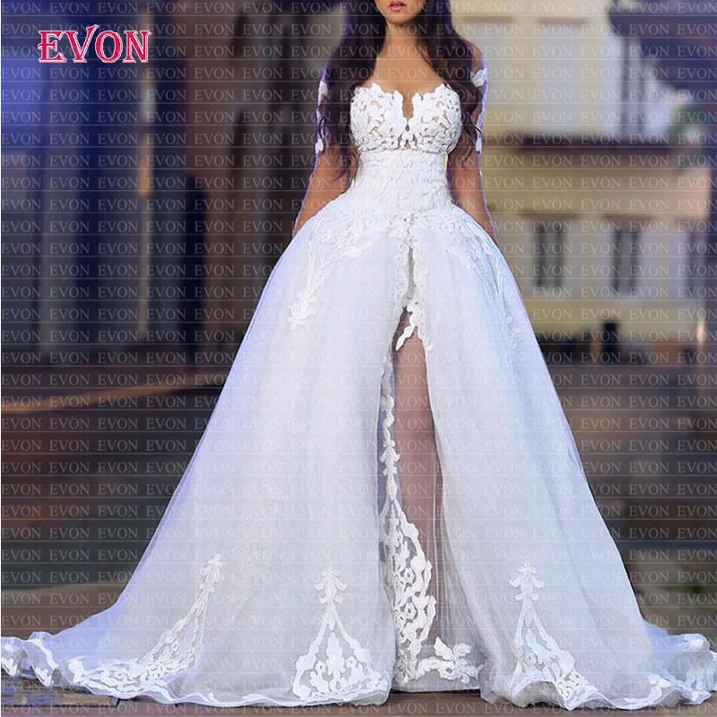 High Quality Off The Shoulder Side Slit Lace Ball Gown Wedding Dresses Robe De Mariee Sexy Scoop Lace Up Wedding Gowns Cheap Vestido De Noiva