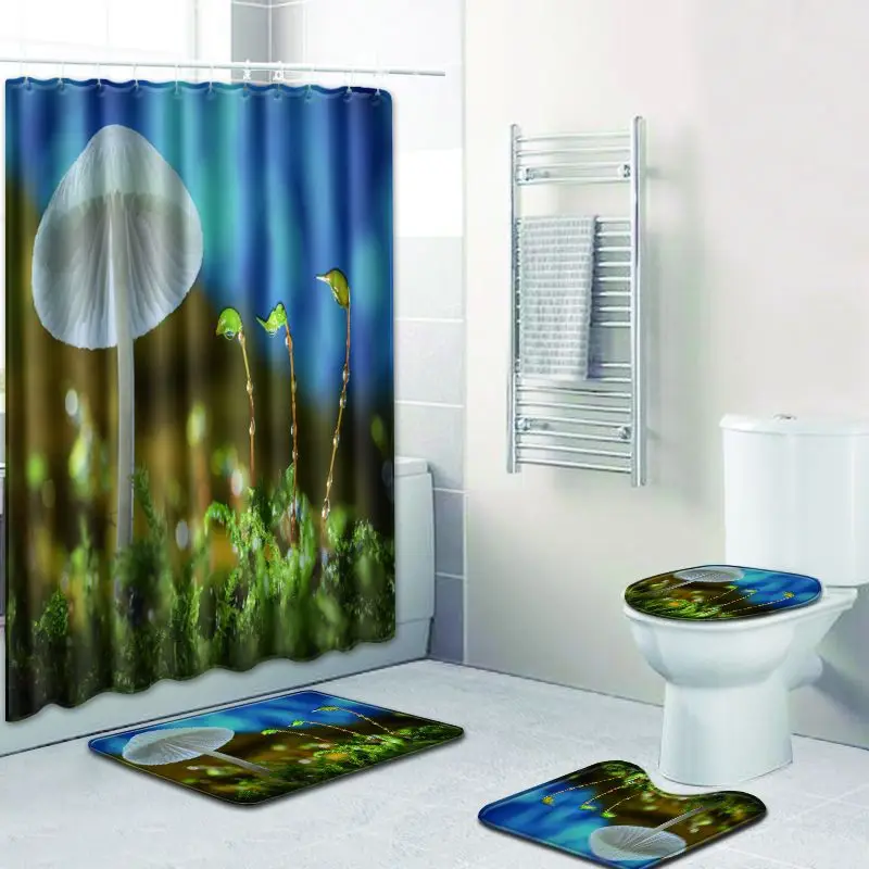 

3D Flower Pattern Bath Screen Shower Curtain Waterproof Polyester Washable Modern Toilet Seat Cover Anti-slip Bath Mat Home Deco