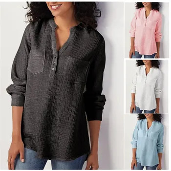 

Women Blouse 2020 New Spring Autumn Top Fashion Womens Casual Solid Color V-Neck Pocket Cotton Linen Loose Shirts Tops Plus Size