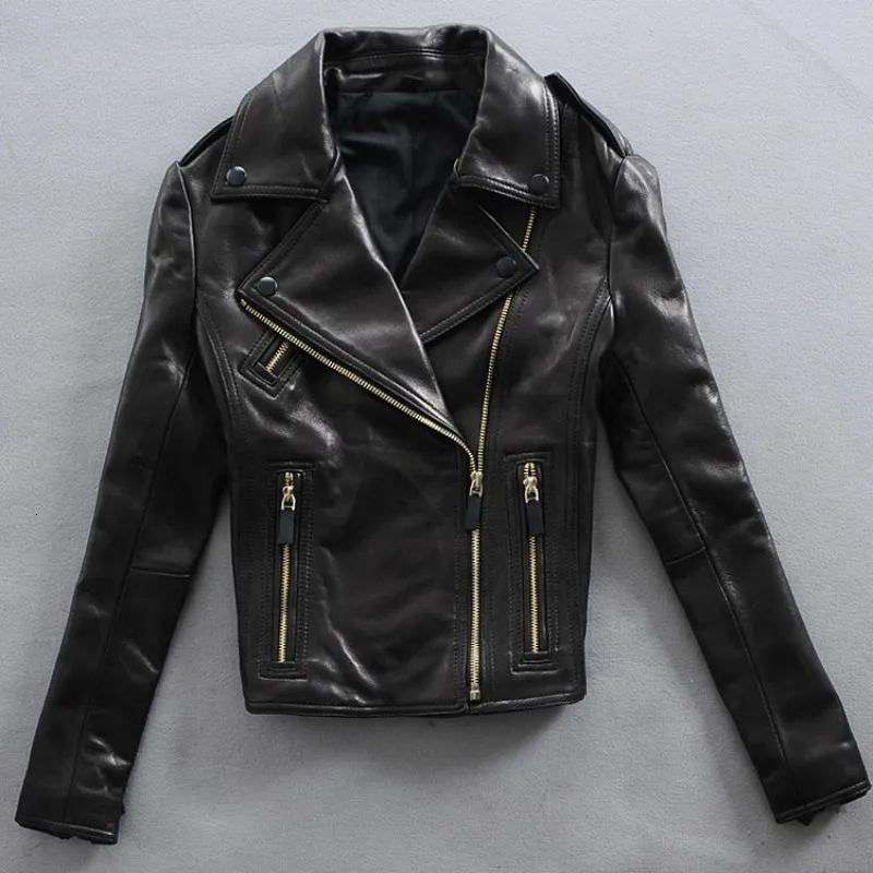 

Brand Luxury Womens Sheepskin Jacket Slim Fit Genuine Leather Short Outerwear Casual Pocket Zipper Black Biker Jacket Female