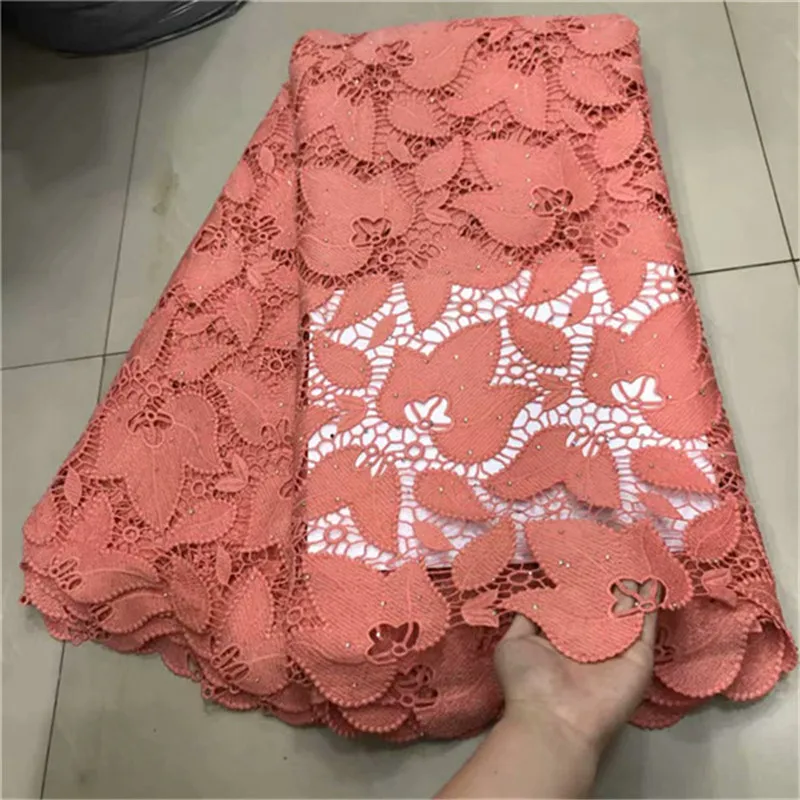 

2019 Latest African Guipure Lace Fabric Bridal Materials French Lace Fabric Peach Color Nigerian Voile Lace Fabric With Stones