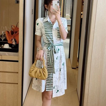 

Letter Stripe Print Summer Shirt Dress Women Patchwork Short Sleeve Turn Down Collar Casual dress Button Belt Beach Boho Dresses