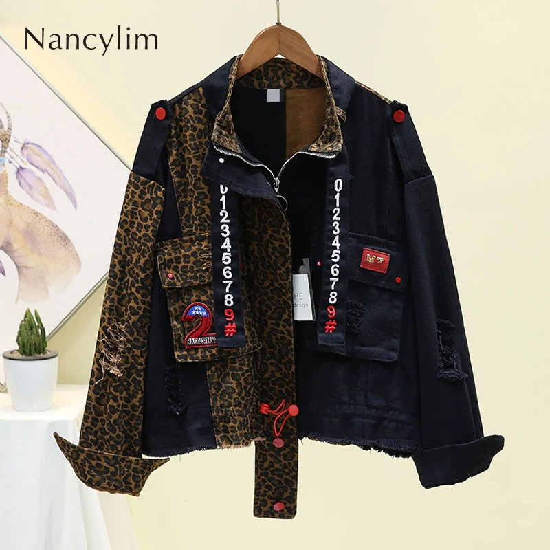 

European Style Denim Jacket for Women 2019 Autumn New Loose Short Leopard Stitching Sequins Digital Denim Coat Jacket Streetwear