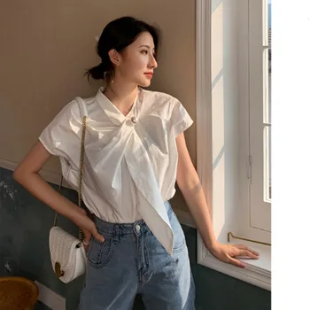 

TVVOVVIN Solid Color V-neck Short-sleeved Straps Pearl Irregular T-shirt Simple Fashion Loose Pluse Woman 2019 Summer New B195