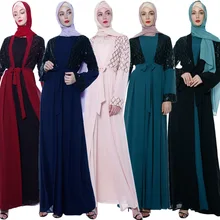 latest Dubai long-sleeved dress Muslim party Abaya ladies Arabian lace cardigan patchwork Turkish Islamic prayer gown robe