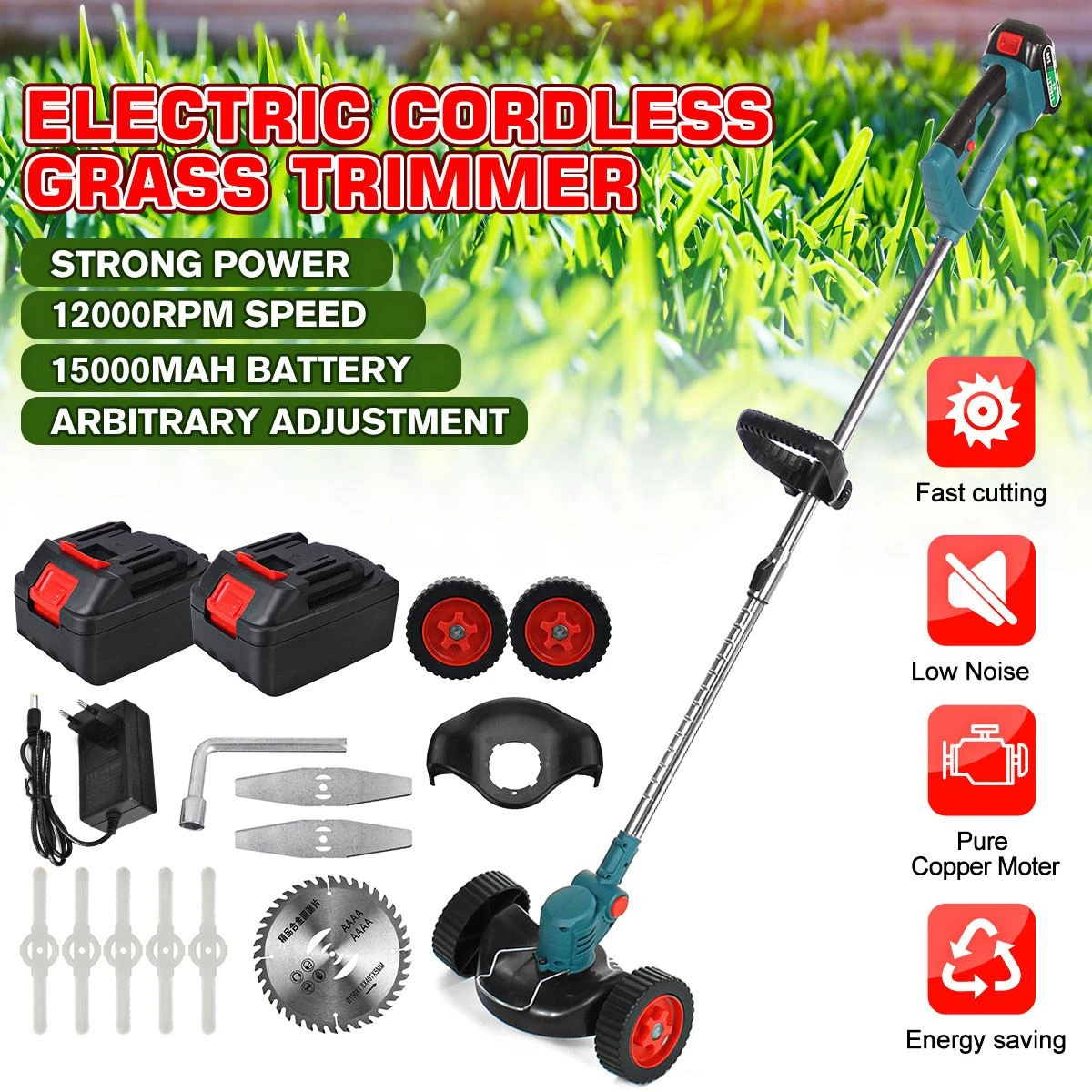 15000mAh Cordless Lawn Mower Electric Grass Trimmer Adjustable Wheels