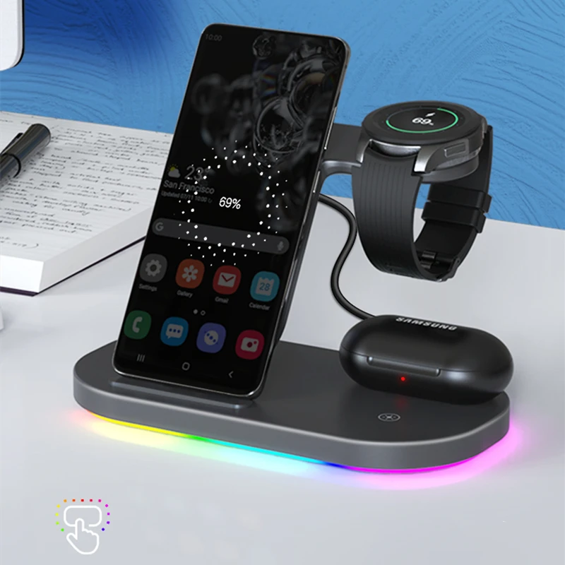 RGB Fast Wireless Charger Qi 3 in 1 Wireless Charging Station Compatible with Apple Airpods iPhone 12 Samsung Watch Galaxy S20