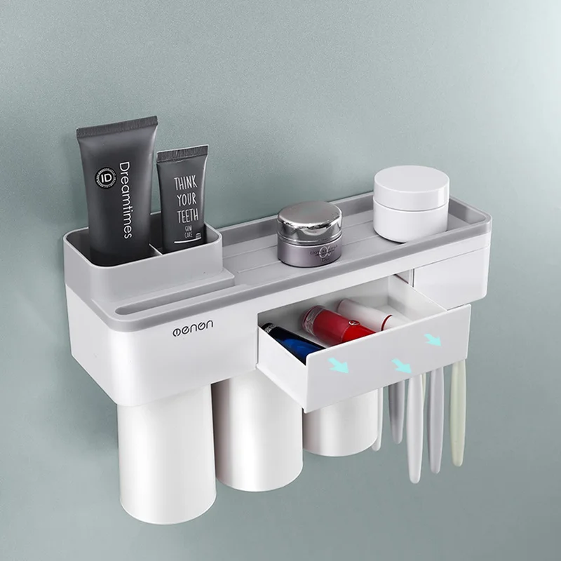

Wall Mount sticking inverted magnetic suction Toothbrush Holder drain stand Automatic Toothpaste Dispenser Bathroom Accessories