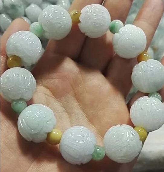 Online Natürliche jade Smaragd 18mm Lotus Perlen Armband Einstellbar Armreif Charme Schmuck Mode Zubehör Hand Geschnitzt Mann Luck Amulett
