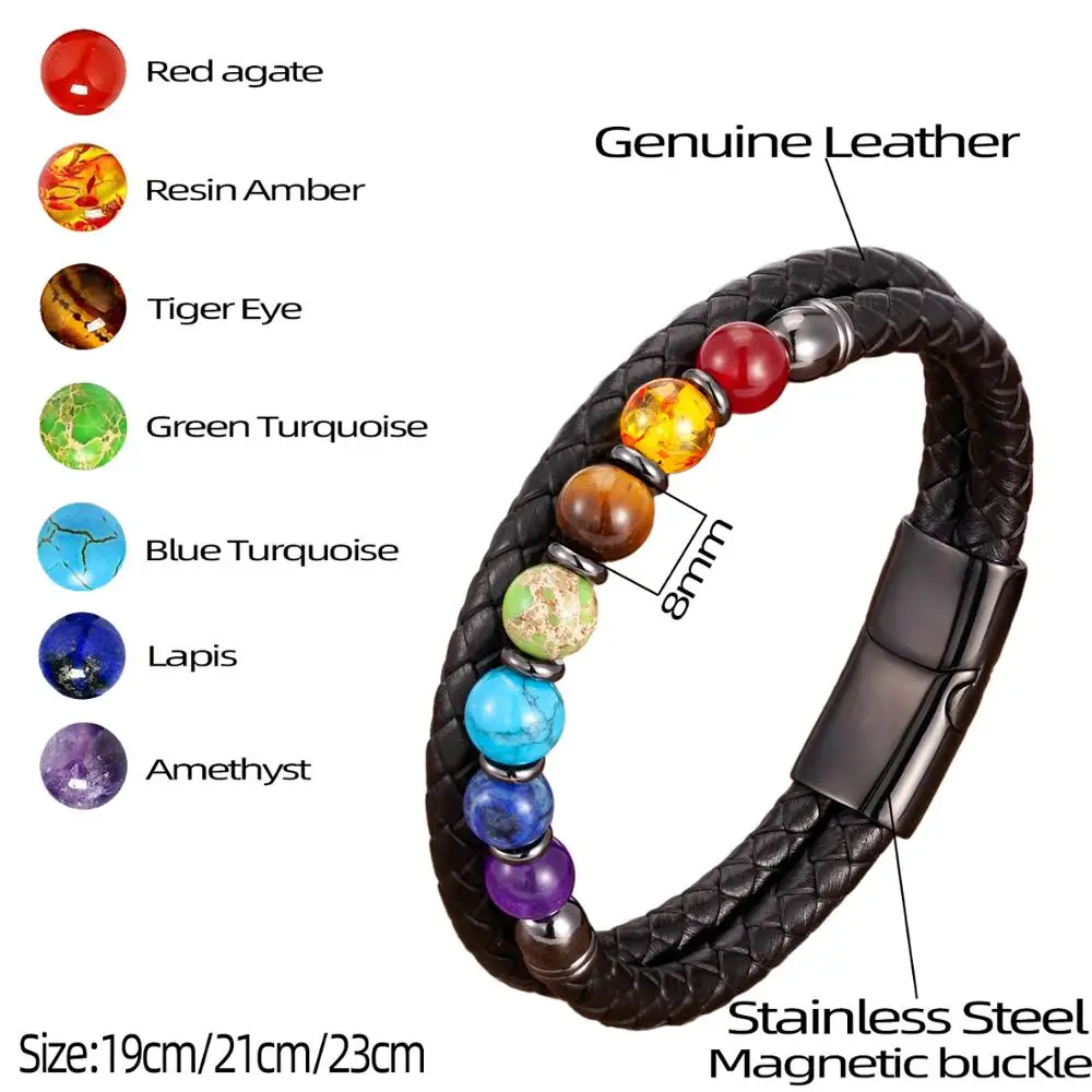 Bracelet Jewelry Chakra Men Bracelet 7 Color Natural Yoga Healing Stone Beads Bracelets Black Genuine Leather