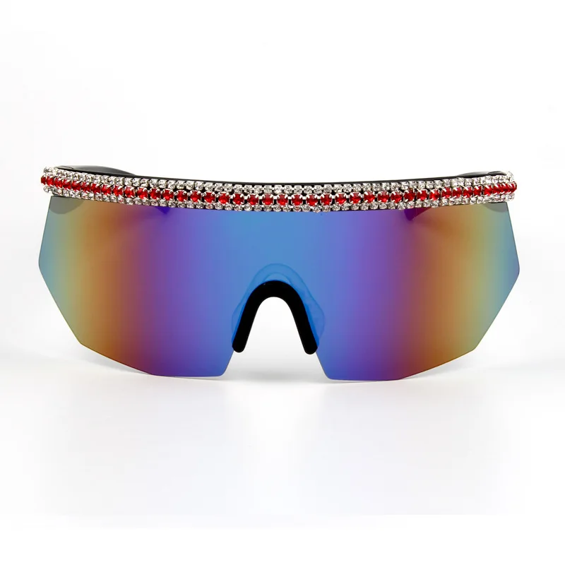 Спортивные солнцезащитные очки со стразами один предмет женский негабаритный Форма Маски щит козырек Солнцезащитные очки для женщин и мужчин алмаз плоский верх ветрозащитный