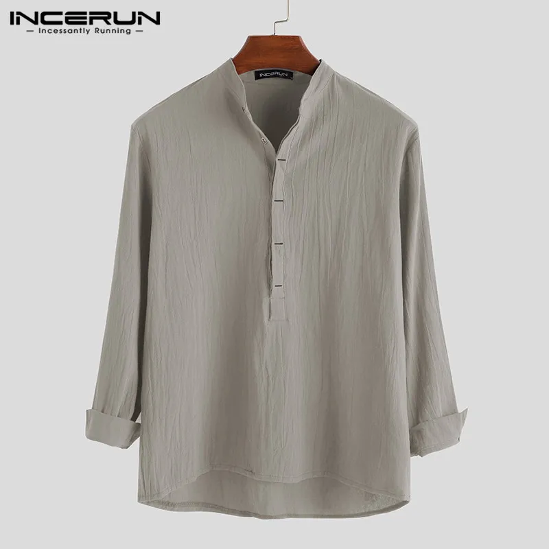 INCERUN/винтажная Мужская Повседневная рубашка с длинными рукавами из хлопка и льна, с воротником-стойкой, однотонная деловая уличная Мужская рубашка на пуговицах Harajuku - Цвет: Khaki Shirt