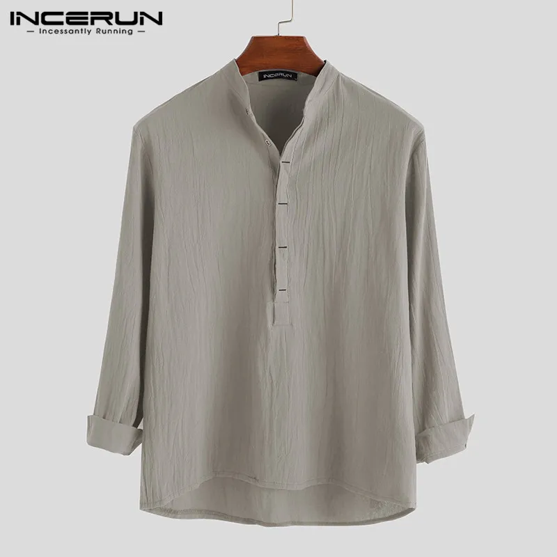 Khaki Shirt INCERUN/винтажная Мужская Повседневная рубашка с длинными рукавами из хлопка и льна, с воротником-стойкой, однотонная деловая уличная Мужская рубашка на пуговицах Harajuku - Цвет: Khaki Shirt