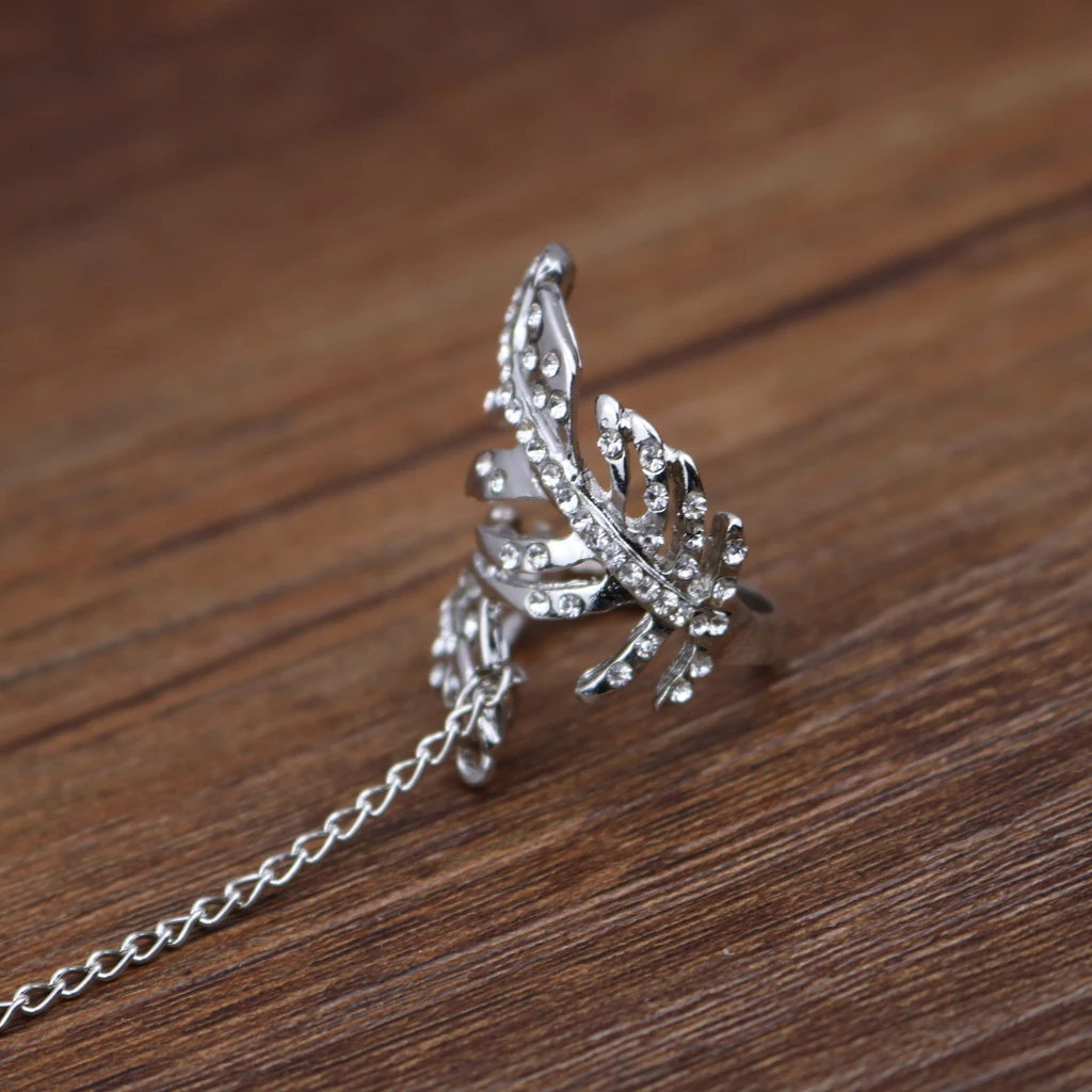 Fashion Crystal Leaf Slave Chain Hand Harness Silver Plated Bracelet Ring