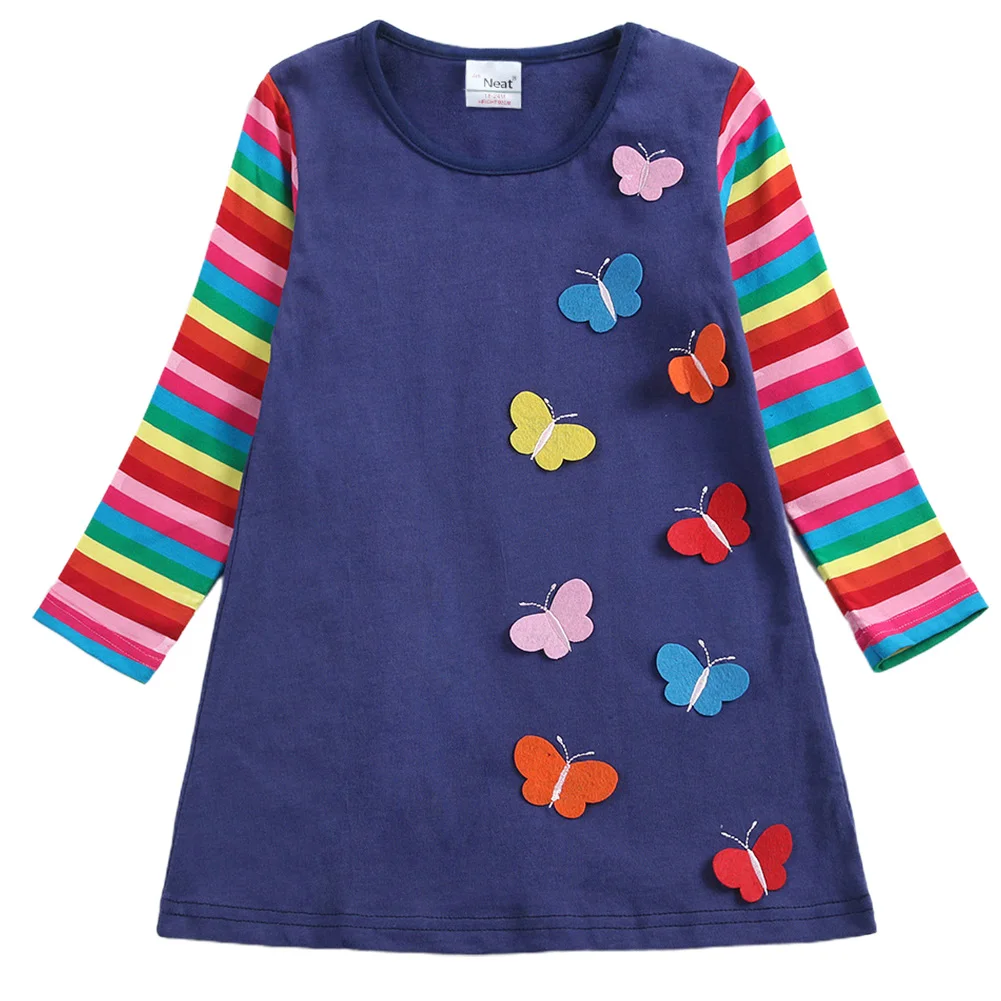 Хлопковое платье в полоску с длинными рукавами; сезон осень-зима; весеннее платье с радужной бабочкой и вырезом лодочкой для девочек; вечерние повседневные милые мягкие повседневные платья