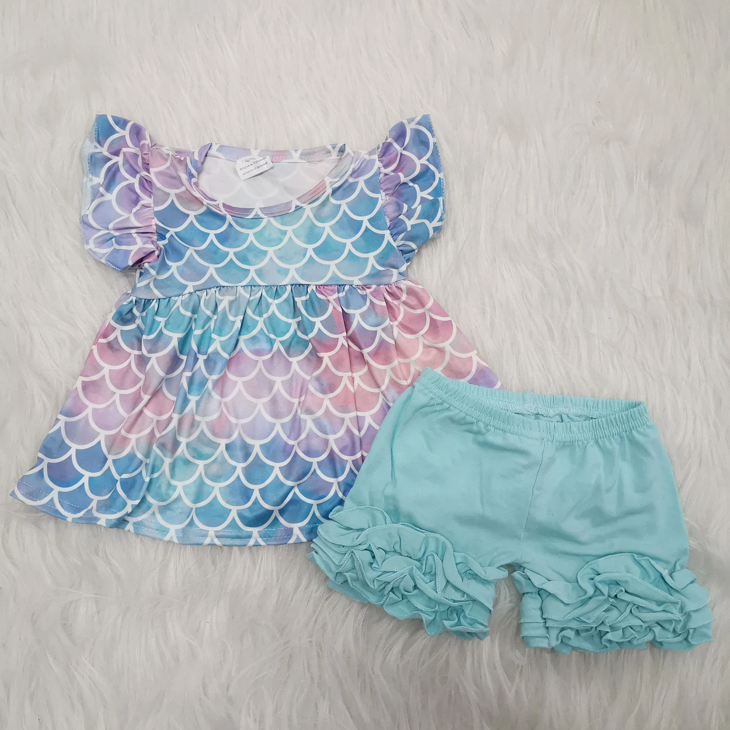 Mermaid scale print flutter sleeve match ruffle shorts cute summer set