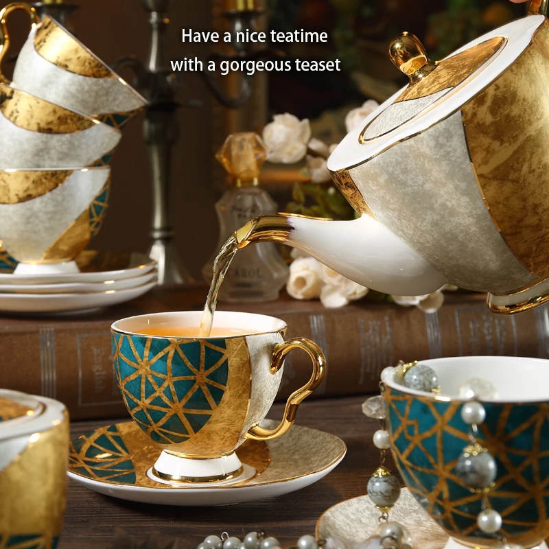 Luxury Bone China Coffee Set Gold Inlay Porcelain Tea Set