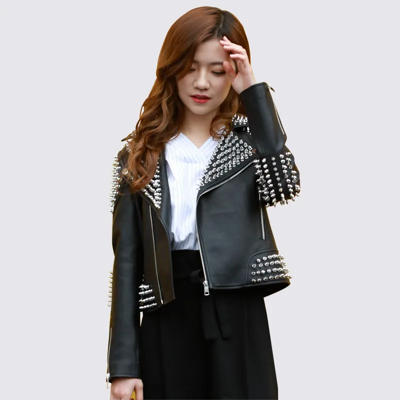 Ling luo fang Весна стиль панк Фэн Чжан заклепки пуля зауженное пальто впору PU кожа женские напрямую от производителя продажи