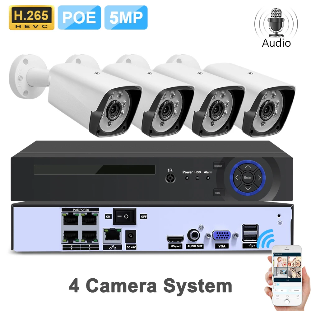 Инфракрасная система видеонаблюдения 5MP POE для дома с 8CH водонепроницаемой
