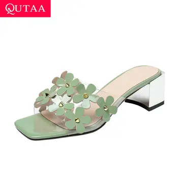 

QUTAA 2020 Open-toed Flowers Sandals PU Leather Transparent Ladies Pumps Summer Square Heel Slingback Women Shoes Big Size 34-42