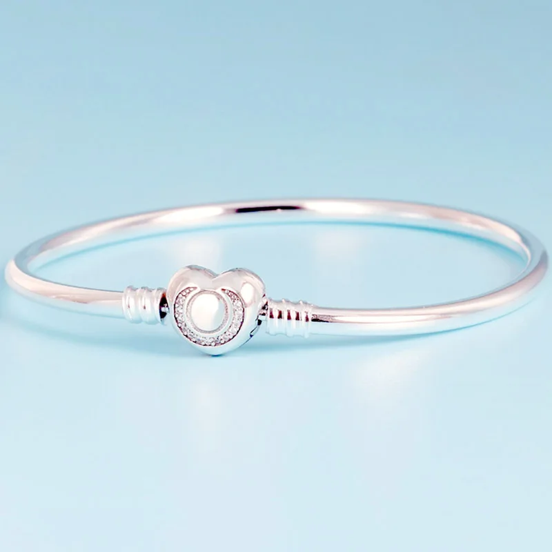 

New 925 Sterling Silver Bangle Wishful Heart With Crystal Snake Chain Bracelet Bangle Fit Women Bead Charm DIY Europe Jewelry
