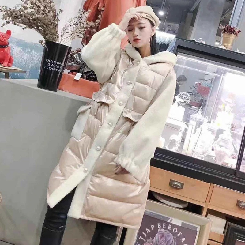 Куртка размера плюс 6XL, стеганая, зимняя, теплая, женская, овечья шерсть, прошитая, глянцевая, пуховик, с капюшоном, длинное пальто, для женщин, можно носить 100кг