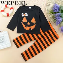 WEPBEL/одежда на Хэллоуин для маленьких девочек; черный топ с длинными рукавами и принтом тыквы + штаны в полоску; комплект зимней одежды