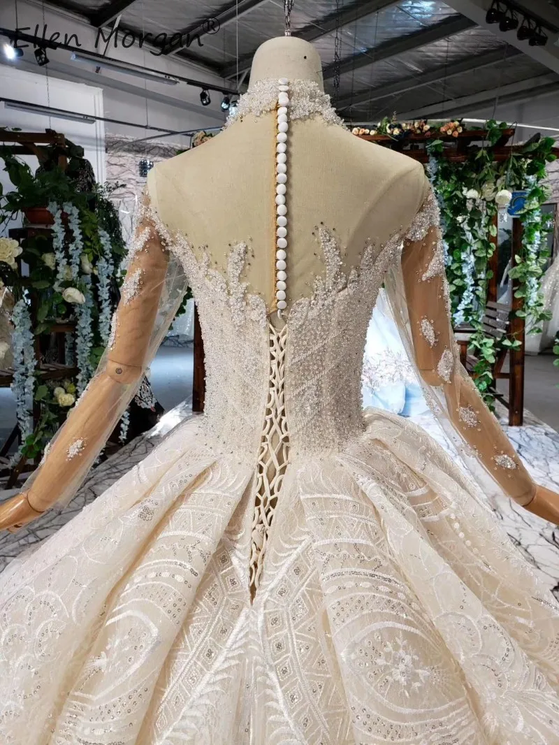 Арабская, Дубай роскошное платье с длинным рукавом Кружевное Свадебное платье с блестками, Пышное Бальное Платье принцессы с высоким воротом из пайеток с вуалью свадебное платье