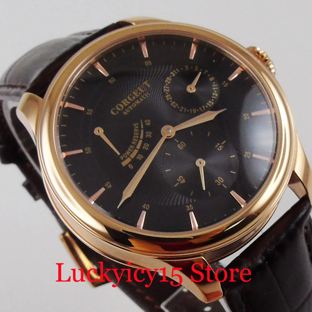 CORGEUT Automatic Men Wristwatch Black Dial Leather Band Power Reserve Date Indicator Rose Gold Coated Case